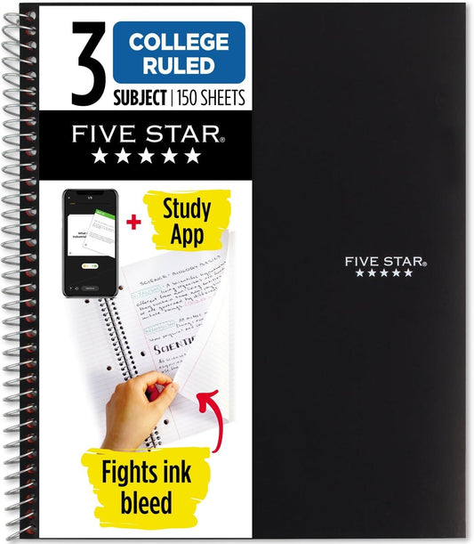 Spiral Notebook + Study App, 3 Subject, College Ruled Paper, Fights Ink Bleed, Water Resistant Cover, 8-1/2" X 11", 150 Sheets, Black (72069)