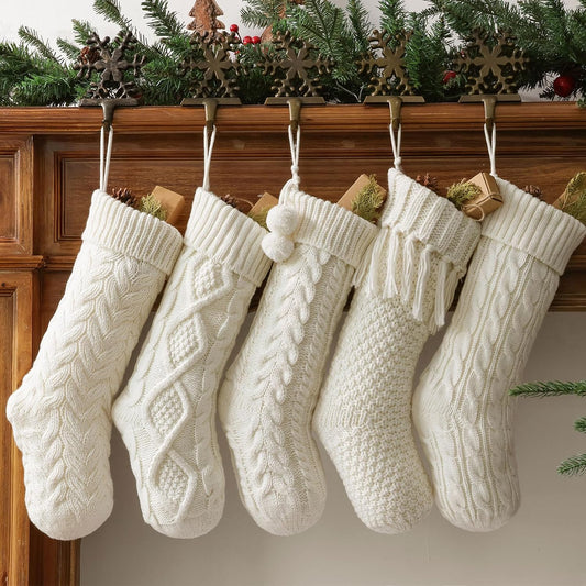 Farmhouse Knitted Christmas Stockings: 5 Pack 18 Inch Rustic Cable Knit Fireplace Stockings, Cozy Hanging Xmas Stockings Boho Style Stocking Decorations for Family Holiday Décor, White Beige