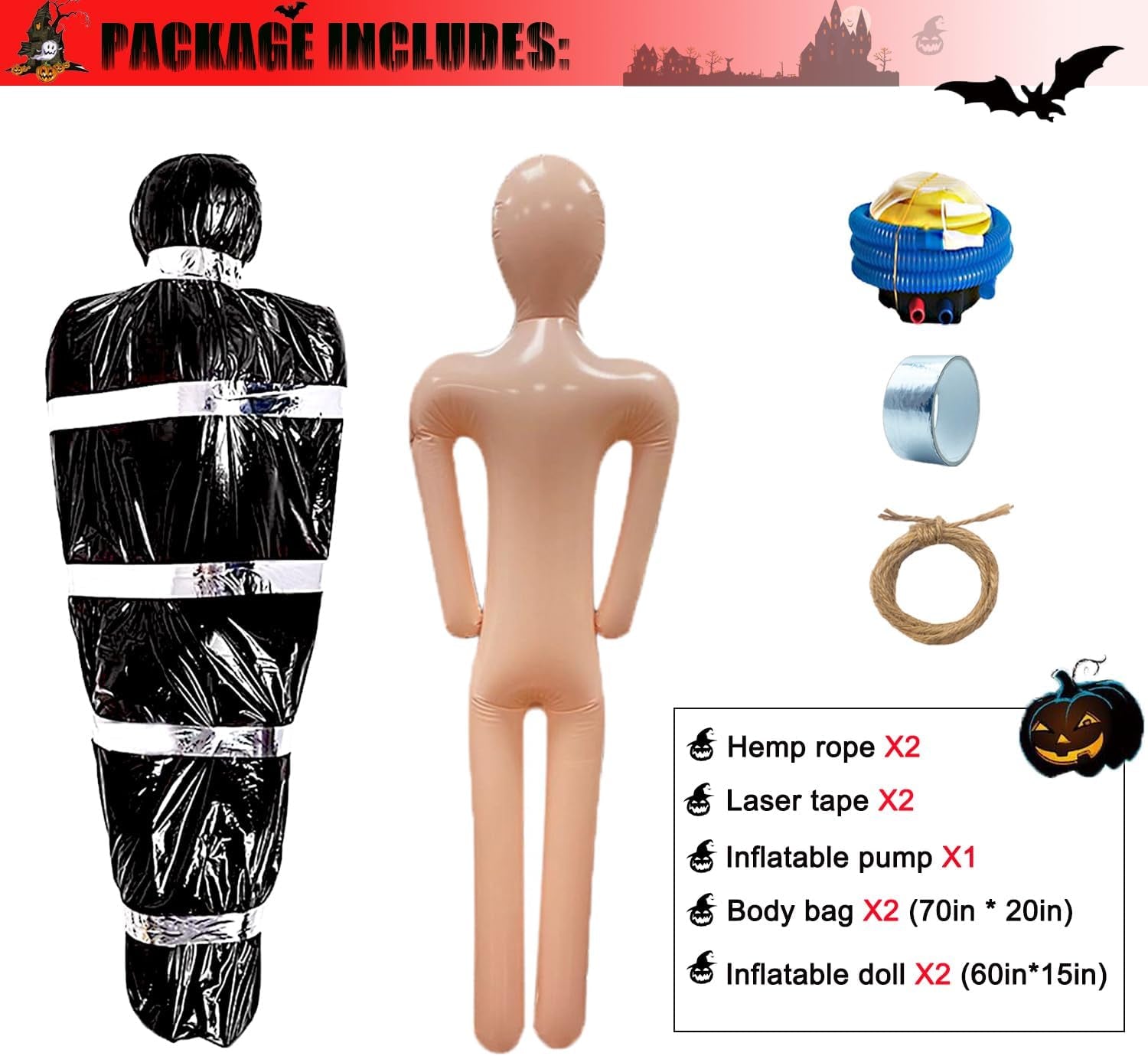 2Pack Halloween Body Bag Corpse Decorations Dead Corpse 60 Inch Outdoor Hanging Death Victim Props Decorations Scary Fake Body Bag Indoor Outdoor Coffin Props Creepy Decor Haunted House Decorations