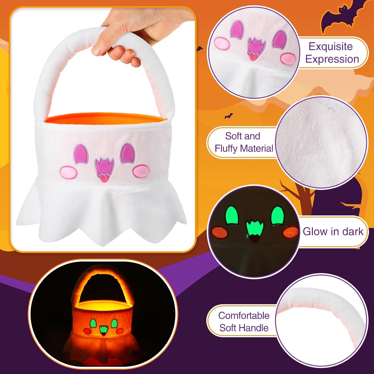 Halloween Trick or Treat Baskets Plush Glow in the Dark Candy Bucket Bag Halloween Pumpkin Ghost Black Cat Glow Candy Tote Bag for Halloween Gifts Party Favors(Ghost)