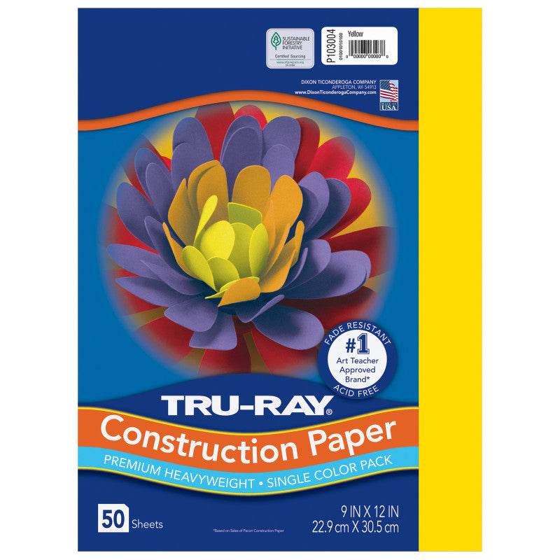 Construction Paper, Heavyweight, Yellow, 9" x 12", 50 Sheets