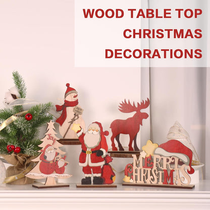 Christmas Decorations, Rustic Wooden Xmas Tabletop Decor, with Snowman/Reindeer/Xmas Tree/Santa Claus/Christmas Sign. for Home Farmhouse Indoor Holiday Party Decor - 5PCS.