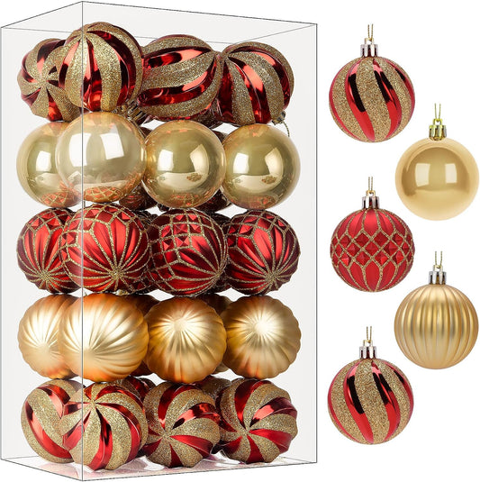 30Ct 2.36 Inch Christmas Tree Balls Ornaments, Colored Shatterproof Plastic Decorative Baubles for Xmas Tree Decor Holiday Party Wedding Decoration (Red & Gold, 60Mm)