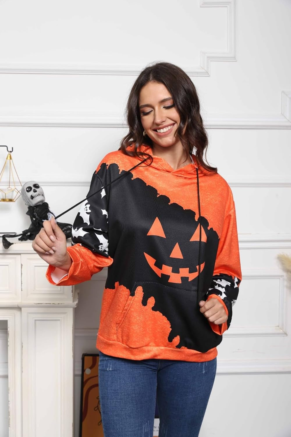 Halloween Hoodie for Women 2024 Scary Pumpkin Printed Long Sleeve Sweatshirts Pullover Cute Costumes with Pockets