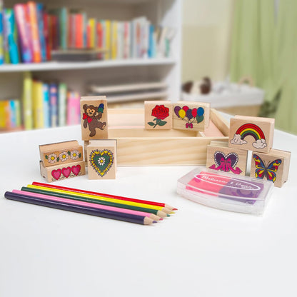 Disney Princess Wooden Stamp Set: 9 Stamps, 5 Colored Pencils, and 2-Color Stamp Pad with Washable Ink for Kids Ages 4+