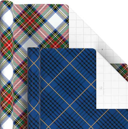 Christmas Wrapping Paper Rolls - Black and Red Buffalo Plaid, Royal Stewart Tartan, Blue, Green (6 Rolls: 180 Sq. Ft. Ttl.) for Holiday Parties, Hanukkah, Winter Weddings