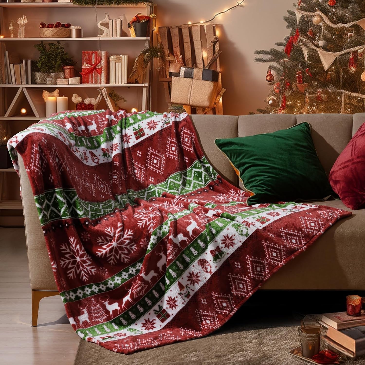 Printed Fleece Throw Blanket, No Shed No Pilling Ultra Soft Plush Cozy Xmas Prints Theme Home Décor Flannel Blanket for Bed, Sofa, Couch and Gift, 50" X 60", Rindeer