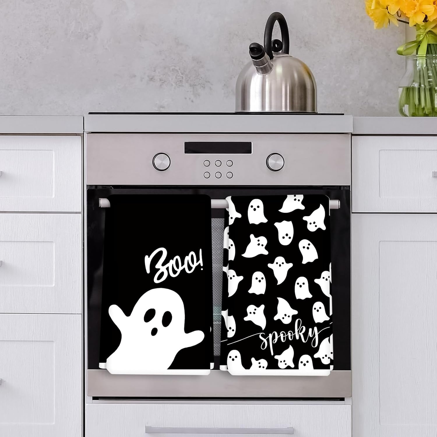 Halloween Kitchen Towel 18 X 28 Inch Black White Ghost Dishcloth Scary Hand Drying Tea Towel for Halloween Baking Cooking Home Kitchen Decor Housewarming Gift, 2Pcs