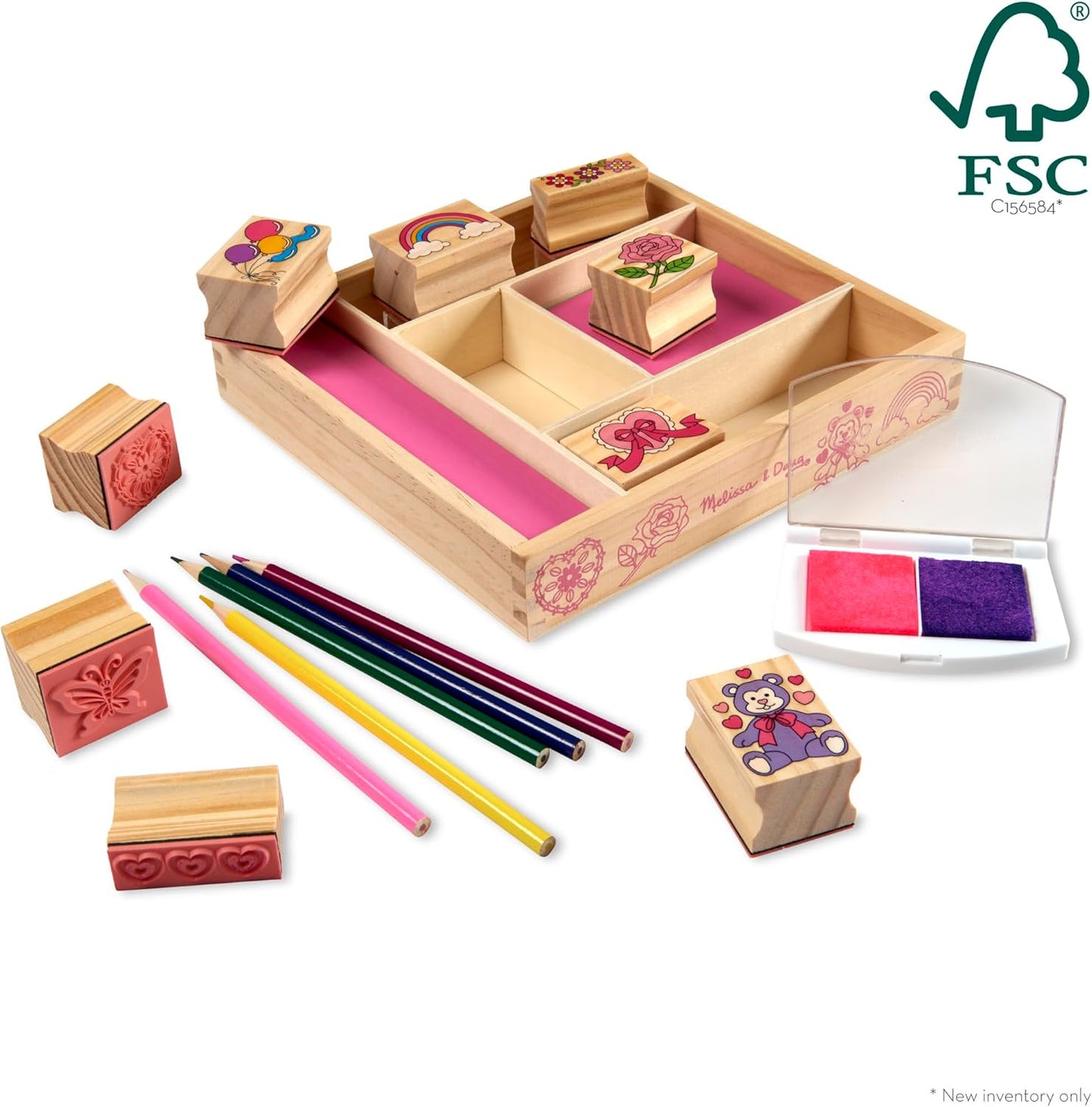 Wooden Stamp Set: Vehicles - 10 Stamps, 5 Colored Pencils, 2-Color Stamp Pad