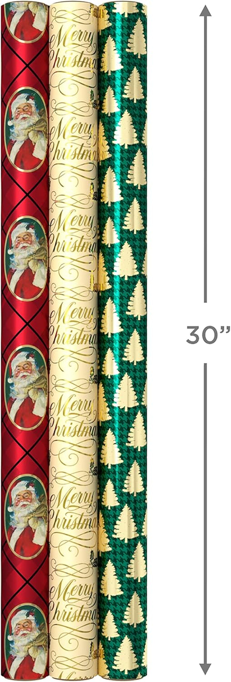 Foil Christmas Wrapping Paper with Cut Lines on Reverse (3 Rolls: 60 Sq. Ft. Ttl) Classic Santa Claus, Gold Merry Christmas, Green Plaid with Gold Trees