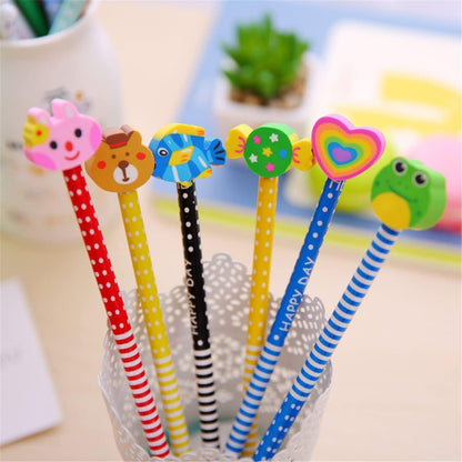 Pack of 120 Colorful 7.28 Inch Length Random Cartoon Eraser Pencils, Cute Pencils for Office, School Supplies Students Children Gift (120)