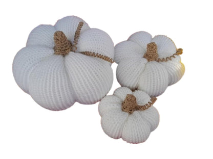 Set of 3 Knitted Pumpkin, 100% Handmade in USA, Autumn Decor, Halloween Season, Thanksgiving (White)