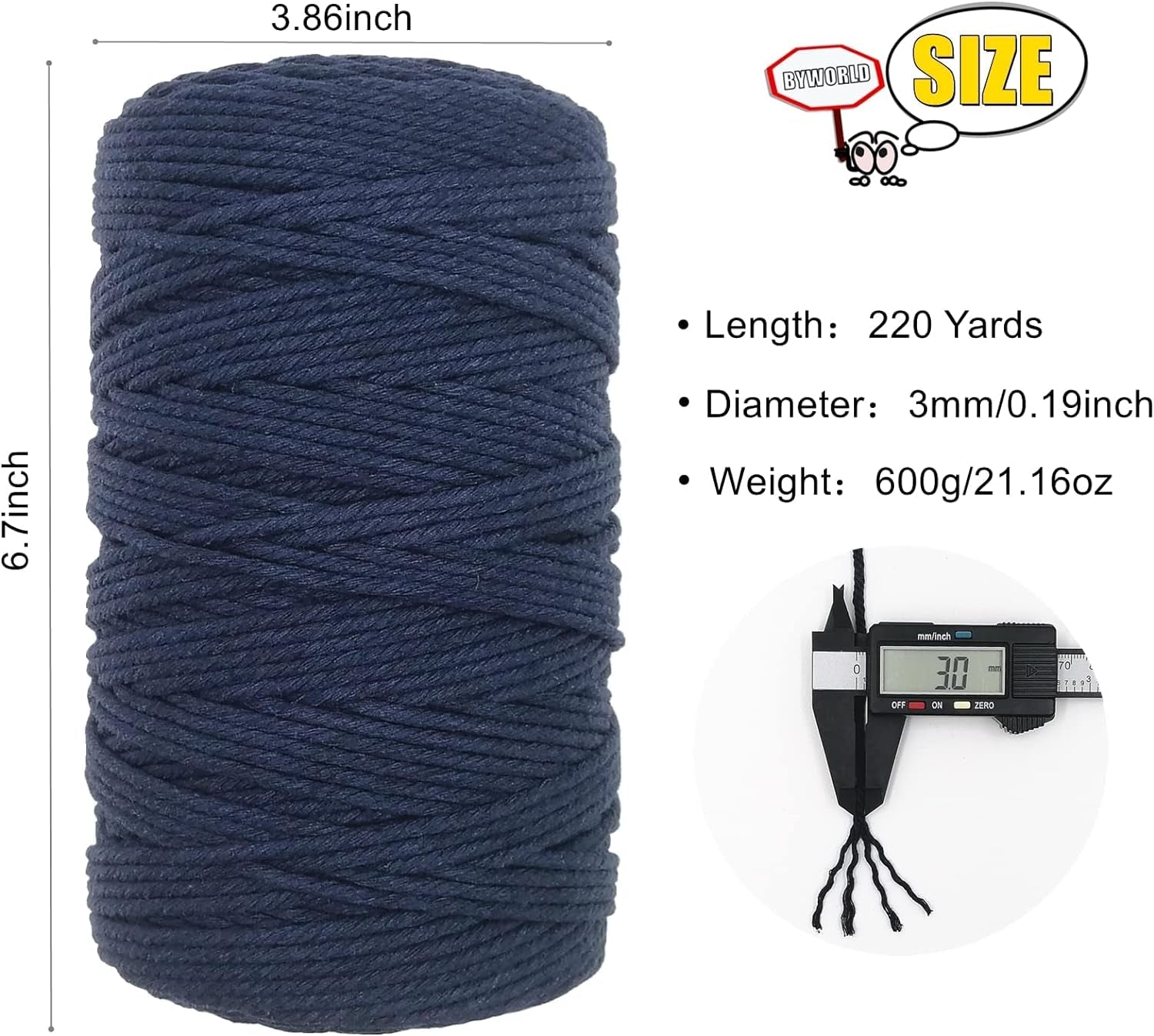 Macrame Cord,  3Mm Cotton Rope 220 Yards(200M) Twine String, 100% Natural Cotton Colored Macrame Rope for Macrame Kit, Plant Hangers, Wall Hanging, Christmas or Wedding Decorative(Navy Blue)