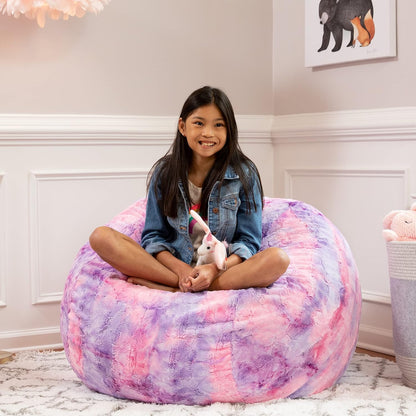 Saxx 3 Foot Bean Bag Chair - Faux Fur - Fun Colors, Unicorn Pink with Removable Cover