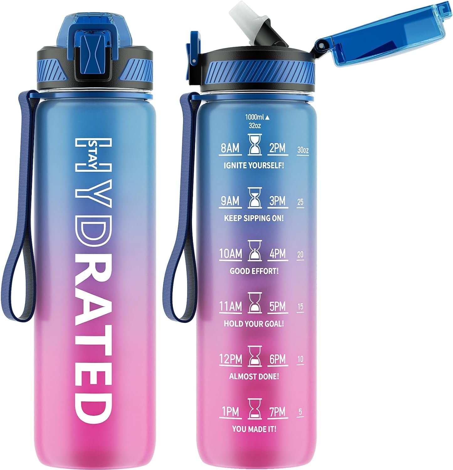 Water Bottle with Straw, 32 Oz Motivational Water Bottles with Time Marker to Drink, Tritan BPA Free, 1L Sports Water Bottle with Carry Strap Leakproof for Men Gym Fitness Outdoor (1 Pack)