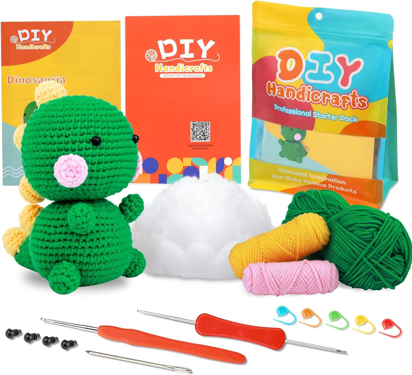 Beginners Crochet Kit, Crochet Animal Kit, Knitting Kit with Yarn, Polyester Fiber, Crochet Hooks, Step-By-Step Instructions Video, Crochet Starter Kit for Beginner DIY Craft Art (Dinosaur)