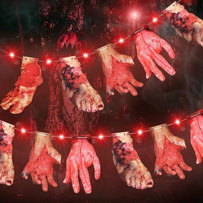 Halloween Red LED Lights with Hands and Feet Hanging Banner Cards 9.8 Ft 30 LED 2 Modes Battery Halloween Lights for Halloween Party Decoration(1 Set)