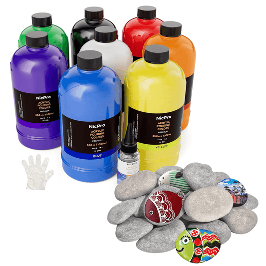 60 Craft Rocks With 8 Colors Premixed Acrylic Pour Paint Set (33.8 oz, 1000 ml) Premixed - Loomini