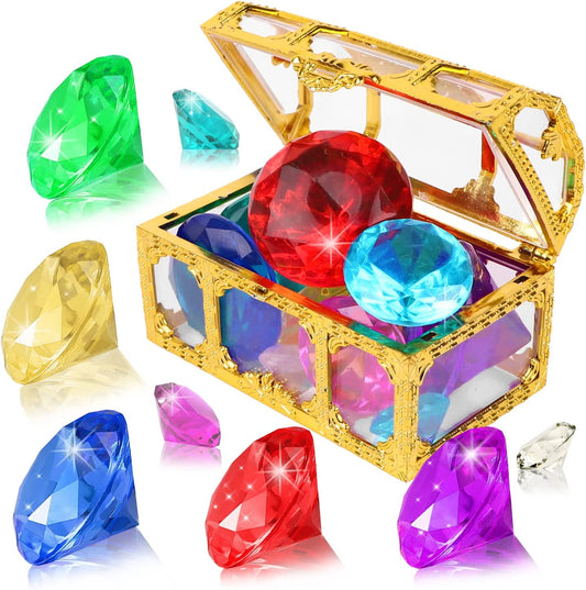 Diving Gem Pool Toys 10 Colorful Big Diamond Gem with Treasure Pirate Chest Box Summer Underwater Acrylic Gemstones Set for Kids Swimming Pool Party Favors