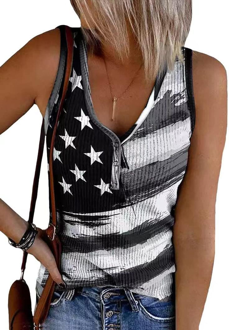 Womens American Flag Button V-Neck Tank Coloful Printed Sleeveless Patriotic Shirts Summer Tops