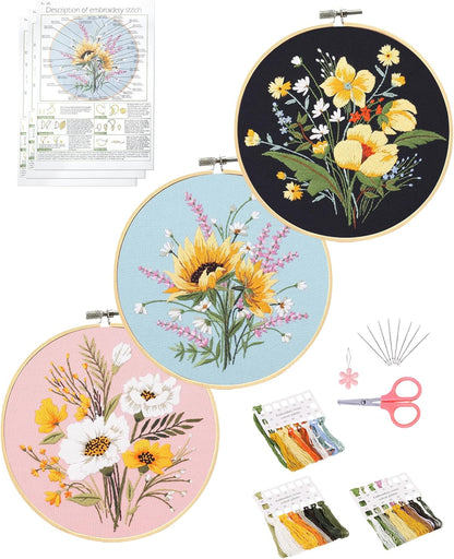 3 Sets Embroidery Kit for Beginners Needlepoint Cross Stitch Kits for Adults,Stitch Learning DIY Kit with Easy Instruction Video,Stamped Floral Embroidery Patterns,Hoop,Threads,Sewing Hobby