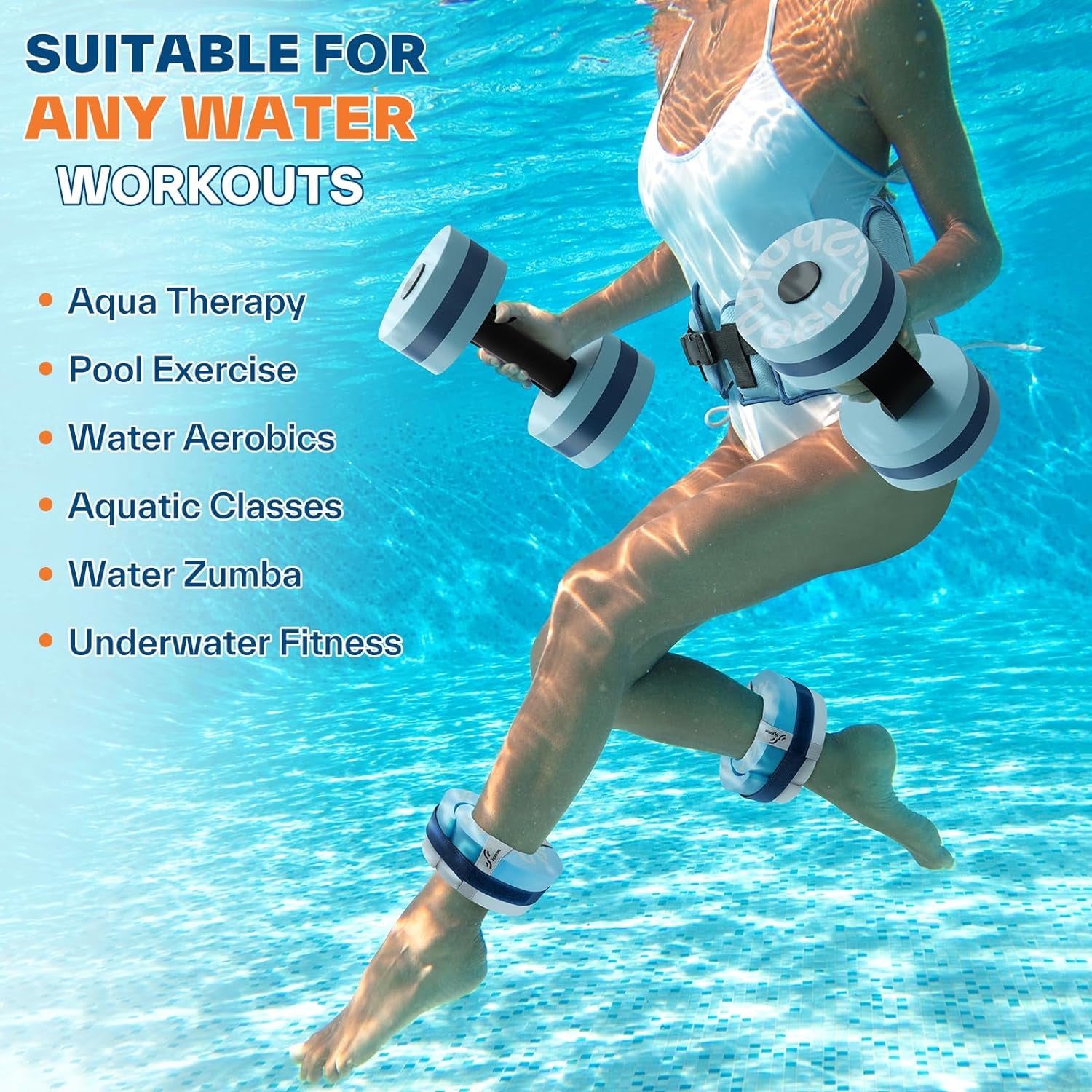 Water Aerobics Pool Exercise Equipment:  Water Workout Combo Set Includes High Density Water Dumbbell Aqua Belt Water Ankle Weights for Aquatic Therapy Pool Fitness Water Exercise
