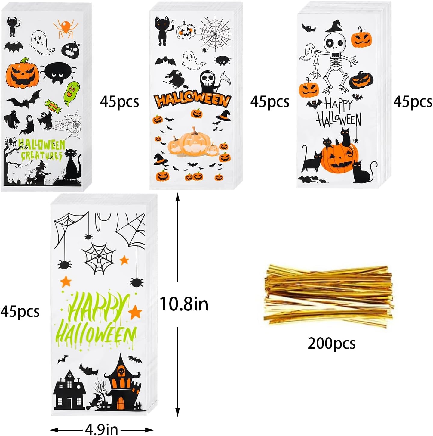 Halloween Cellophane Treat Bags, 180Pcs Halloween Trick or Treat Goody Gags with 200Pcs Twists for Snacks Cookies Packing, Halloween Goodie Bags Party Supplies