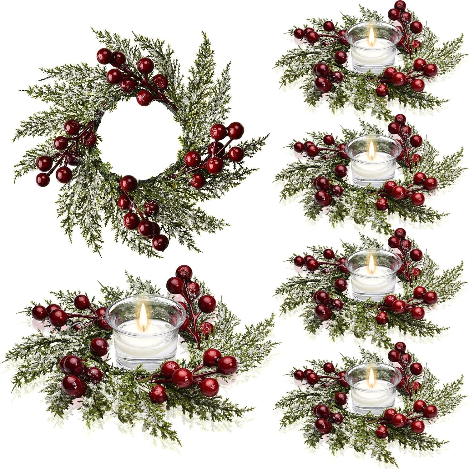 Christmas Candle Rings Mini Christmas Wreath Artificial Red Berries and Pinecones Pillars Candle Rings Kitchen Cabinets Small Wreaths Decor for Christmas Window Table Farmhouse Decoration(8 Pieces)