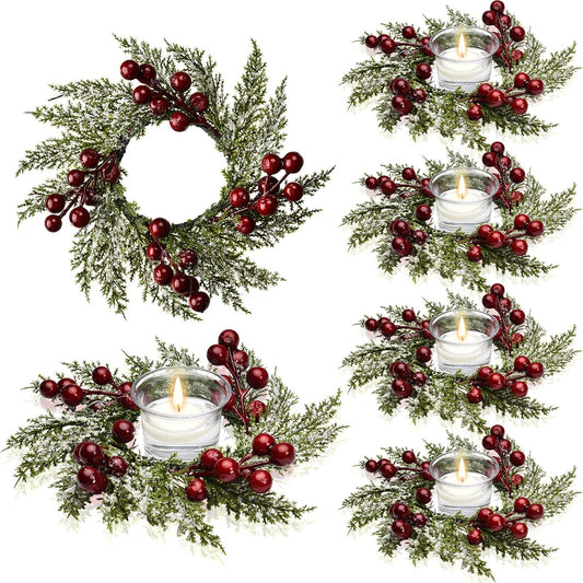 Christmas Candle Rings Mini Christmas Wreath Artificial Red Berries and Pinecones Pillars Candle Rings Kitchen Cabinets Small Wreaths Decor for Christmas Window Table Farmhouse Decoration(8 Pieces)