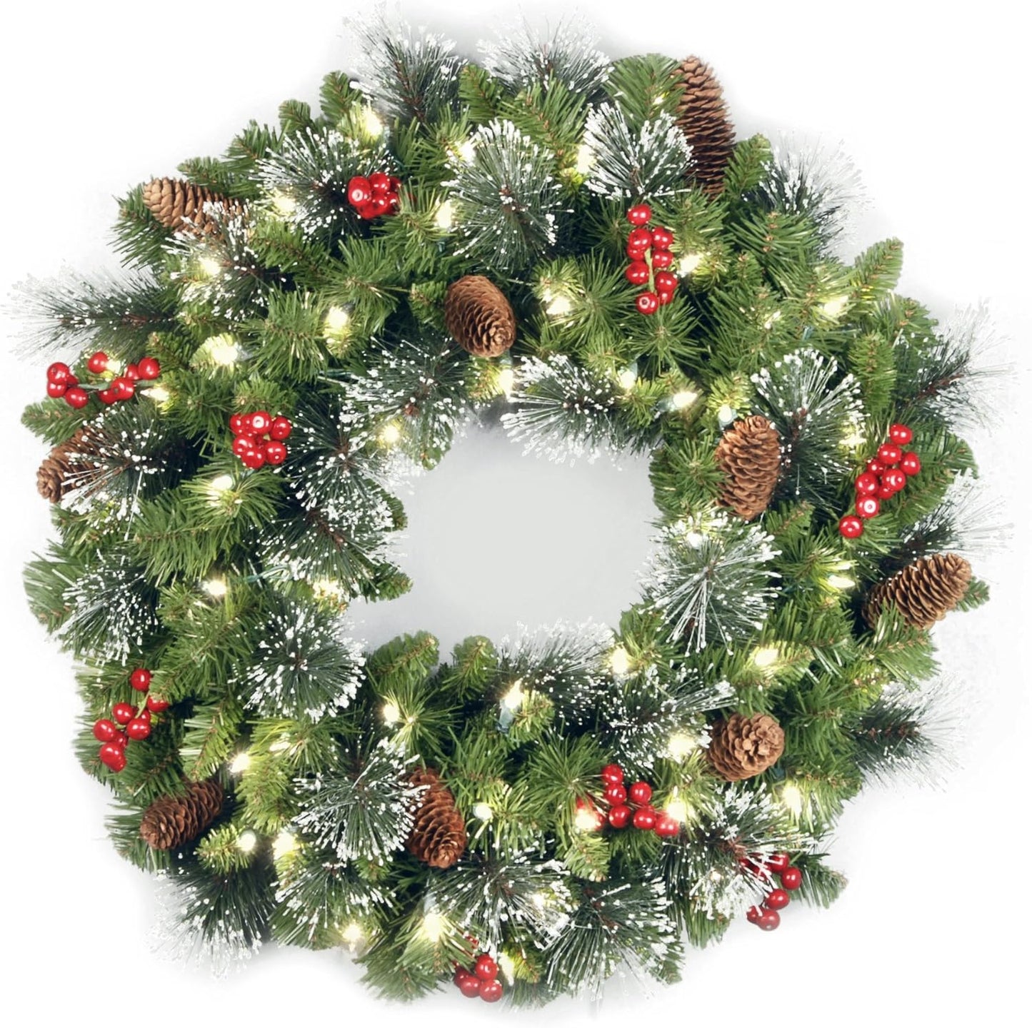 24 Inch Crestwood Spruce Wreath with Silver Bristles, Cones, Red Berries, Glitter and 50 Clear Lights (CW7-306-24W)