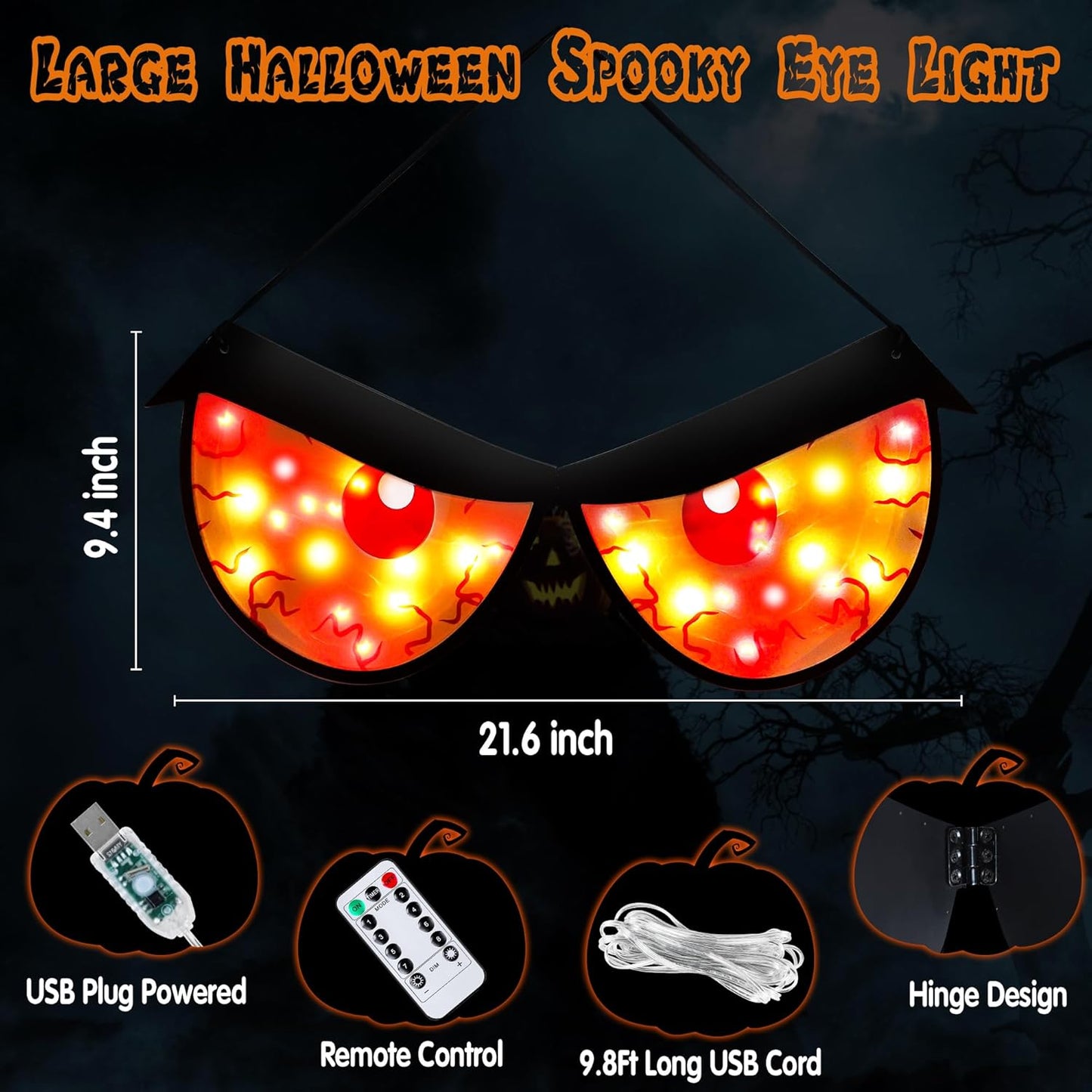 [Timer & 8 Modes] Halloween Decorations Spooky Eyes Lights, Extra Large 21 Inch Halloween Window Decorations RGB Lights Glowing Eyes Halloween Window Lights USB Powered Halloween Decor Indoor Home