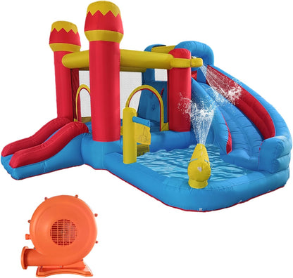 Inflatable Water Slide Bounce House for Kids, 6-In-1 Backyard Water Park with Splash Pool, Climbing Wall, Basketball Hoop, Water Cannon, Air Blower Summer Party Gift