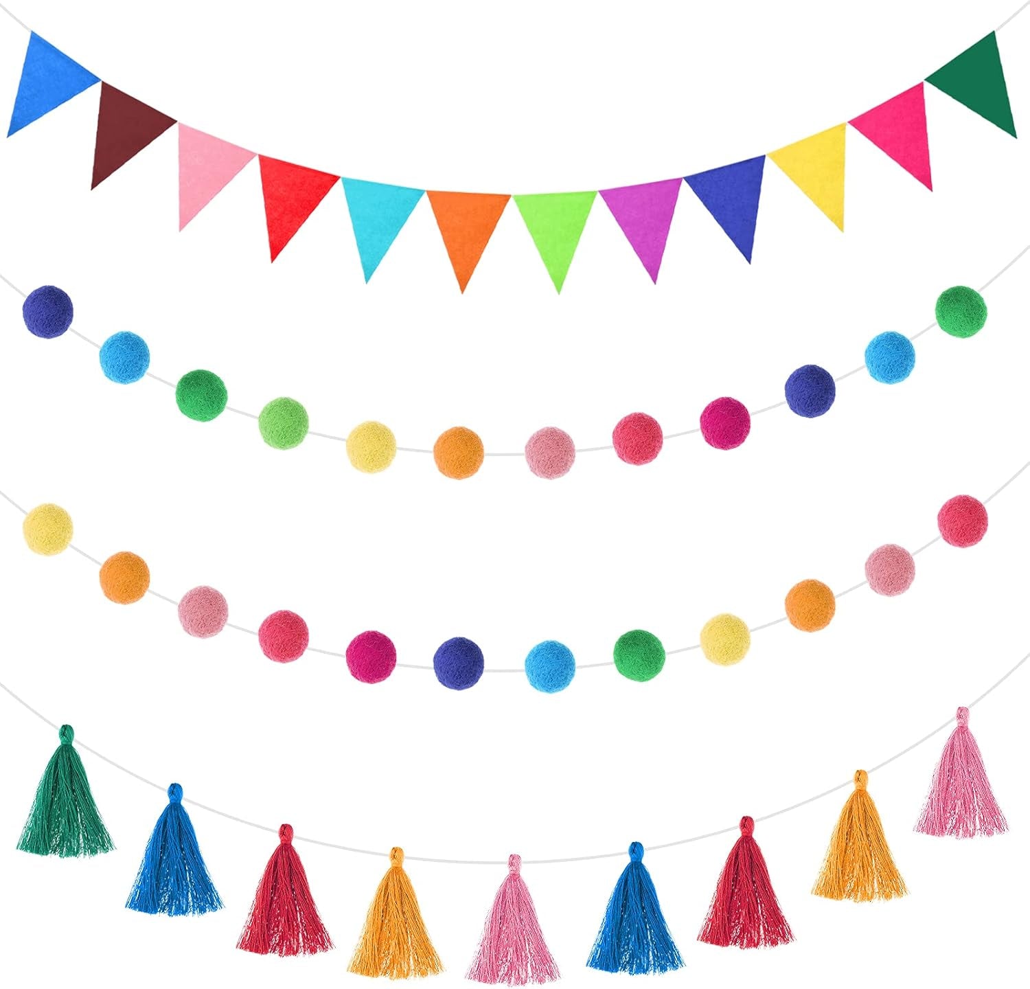 9.8 Feet Christmas Pom Pom Garland Felt Fabric Garland Set Colorful Tassel Garland 3.6 Feet Felt Pennant Banner for Xmas Tree Classroom School Christmas Fireplace Birthday Party(Multicolor)