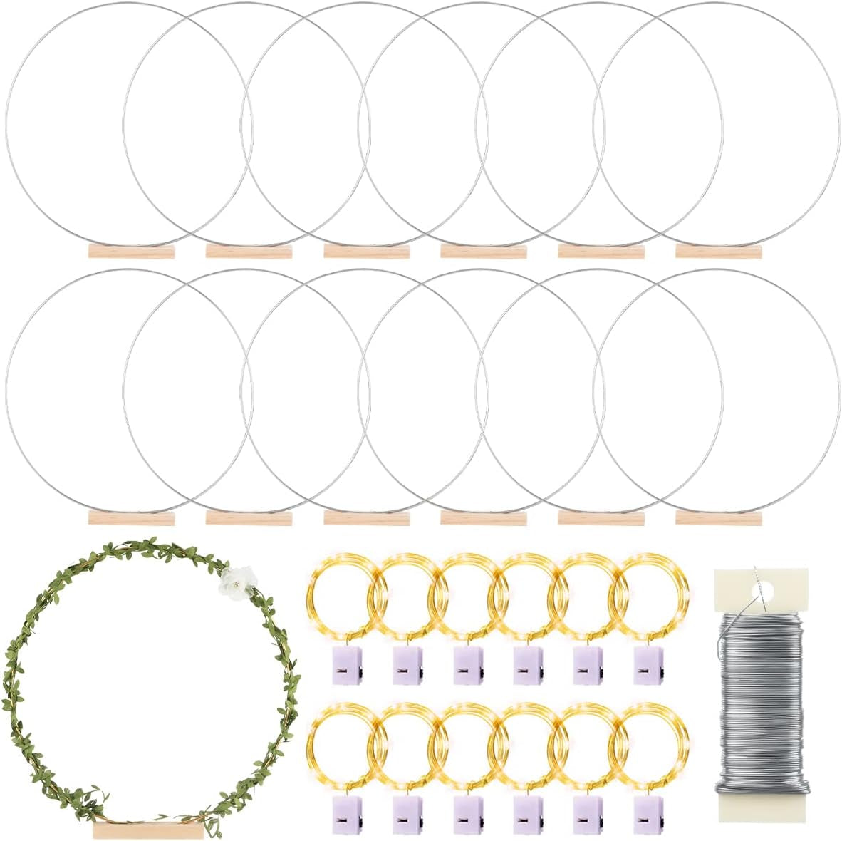 12 Pack Floral Hoop with Holders and LED Fairy Lights 18 Inch Metal Rings for DIY Centerpiece Table Decorations Crafts Macrame Rings Hoop Wreath Dream Catcher Rings Wedding Christmas Wreaths, Silver