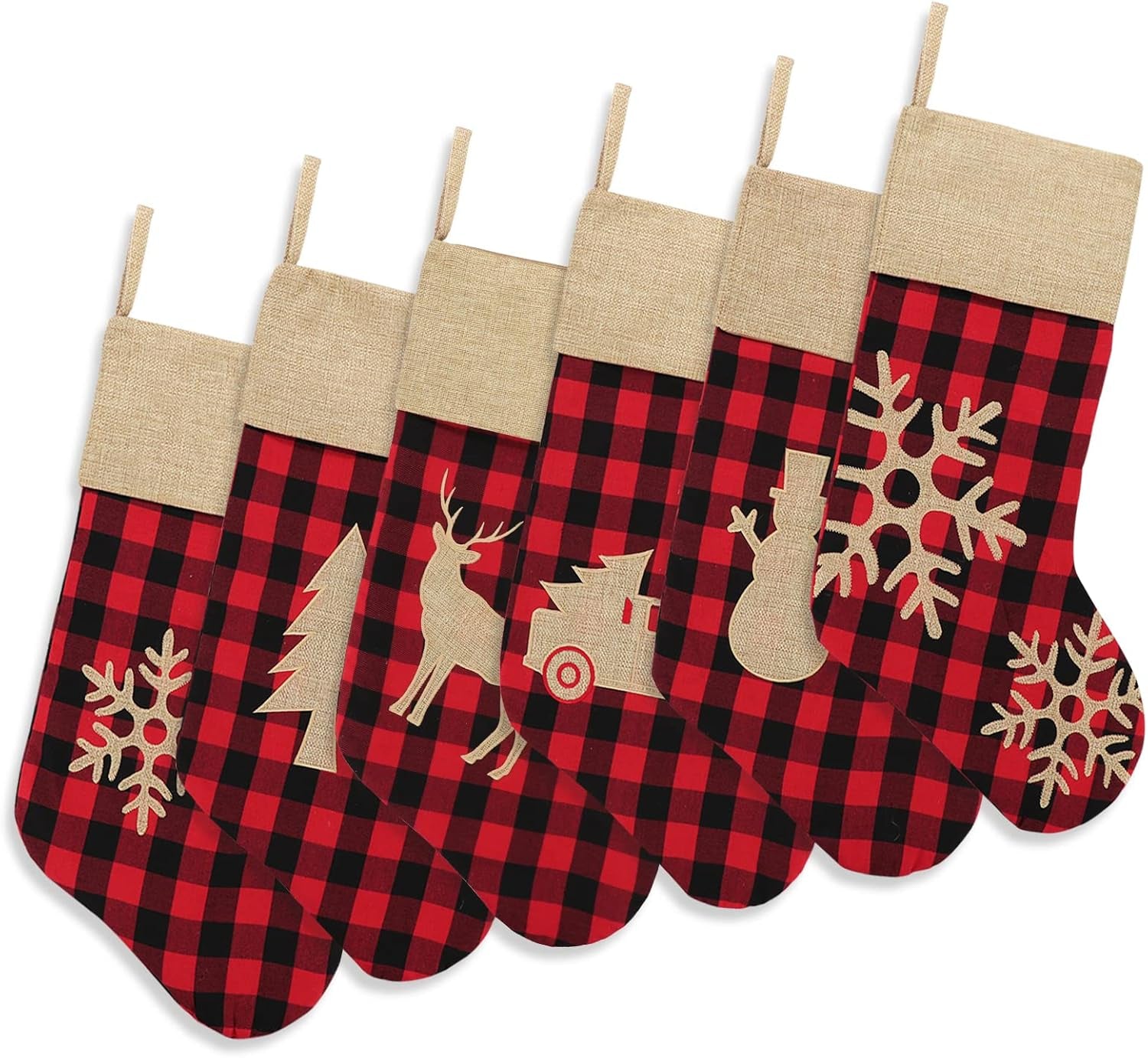 Christmas Stockings Decorations 6 Pack, 18 Inches Red Black Buffalo Plaid Xmas Ornaments, Rustic Cotton Linen with Embroidered Burlap, DIY Personalized Farmhouse Decor for Home Family Party Tree