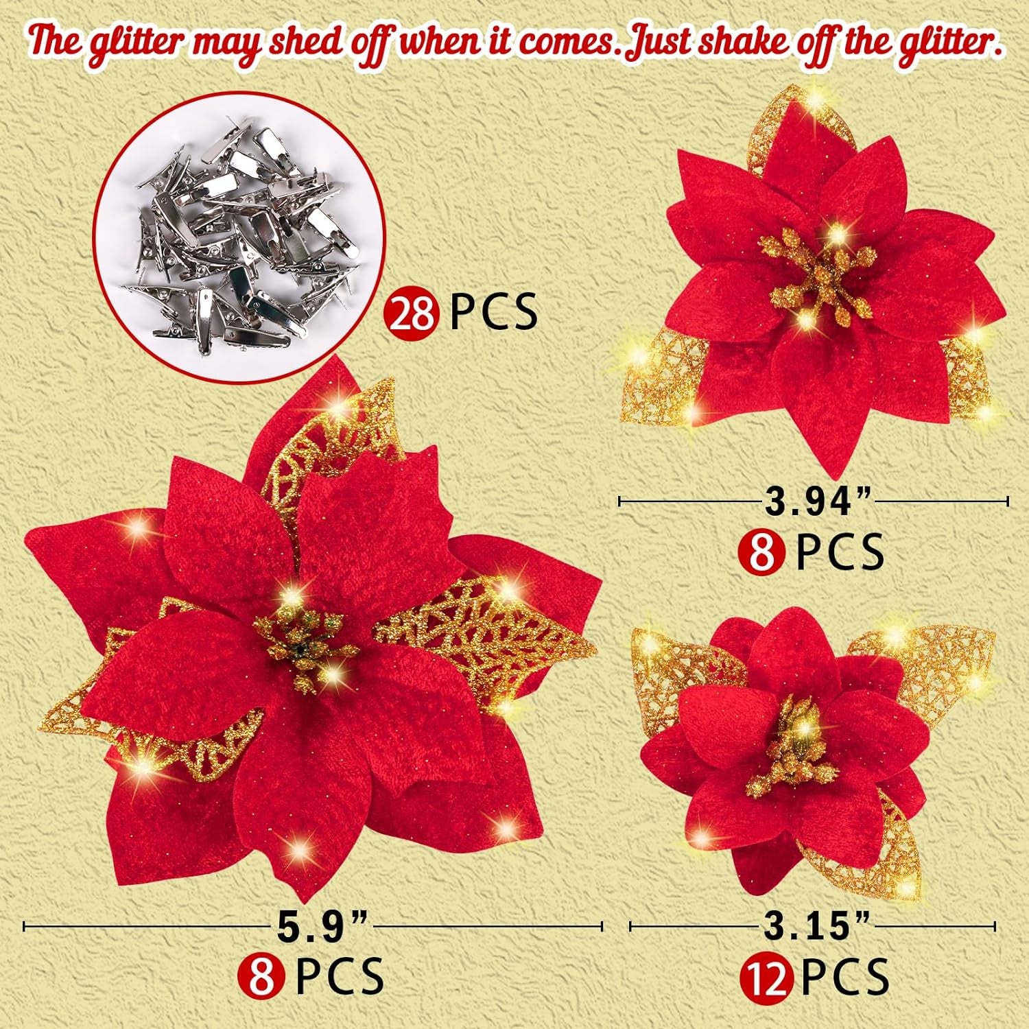 28PCS Christmas Tree Decorations: Poinsettias Artificial Flowers Ornaments Xmas Red Glitter Flower with Clips,3 Sizes(Not Included Stems)