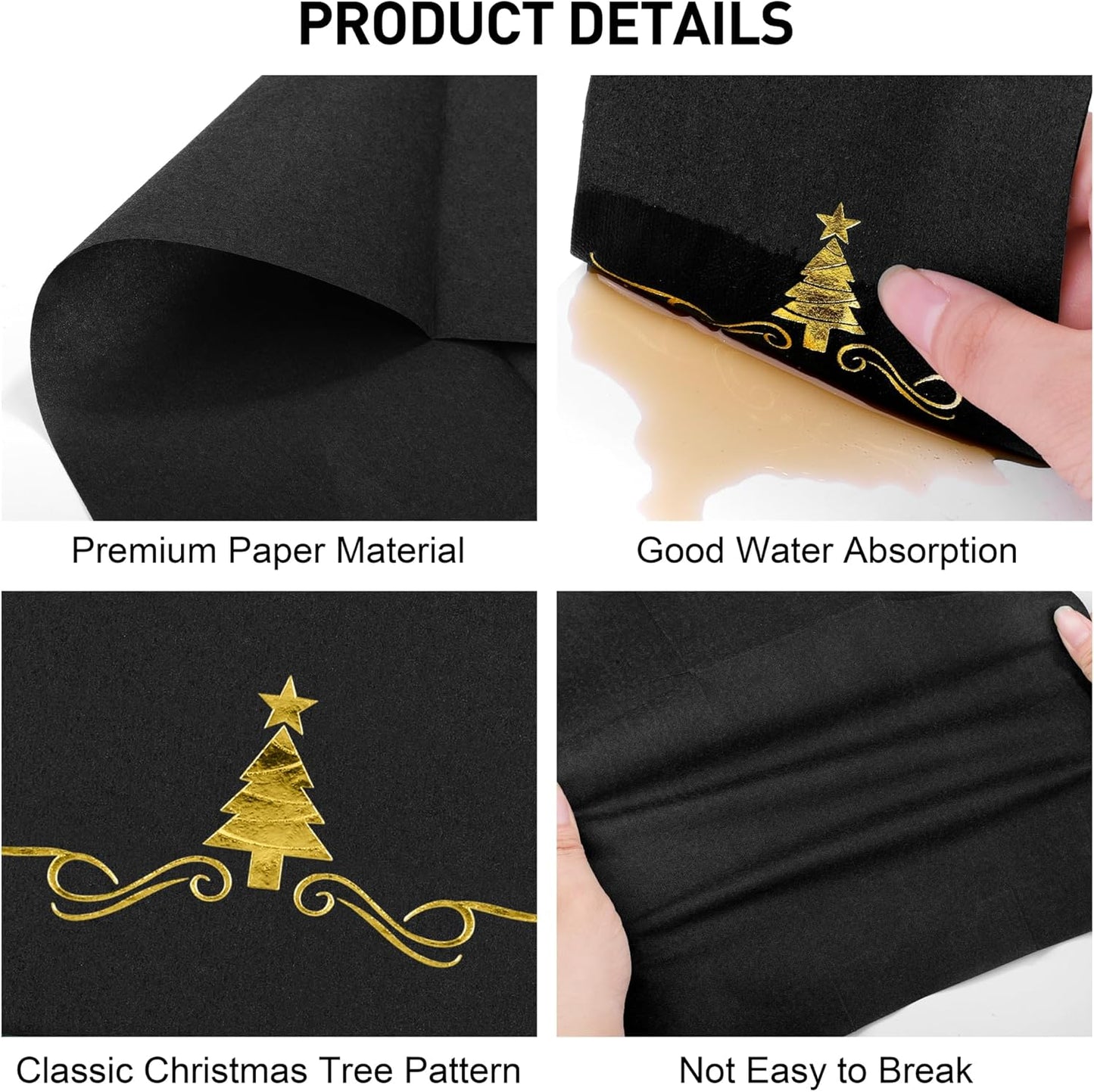 100 Pack Christmas Disposable Guest Napkins 12 X 17 Inch Gold Foil Christmas Trees Napkins Xmas Tree Hand Towels for Bathroom Kitchen Weddings Christmas Holiday Party, Black