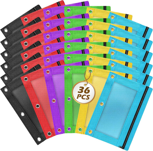 Pencil Pouch for 3 Ring Binder, 36 Piece Bulk 3 Holes Zipper Pencil Pouches in 6 Assorted Colors, Clear Durable Pencil Case for School, Classroom, Office Supplies