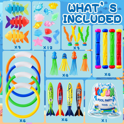35PCS Pool Diving Swimming Toys, Summer Underwater Game Toys with Pool Fishes Dive Sticks Rings Gems Storage Bag for Kids Swim Birthday Party Favors