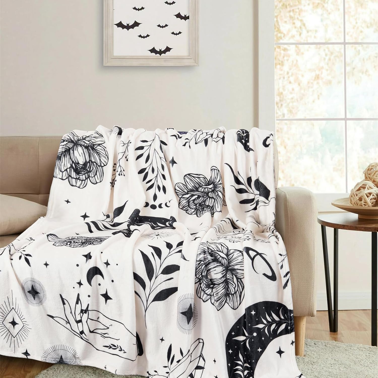 Gothic Halloween Throw Blanket 50X60, 280GSM Soft Warm Flannel Bed Couch Throws, Black and White Vintage Abstract Mystical Witchy Halloween Throw Blanket for Couch Chair Bed Living Room Gift