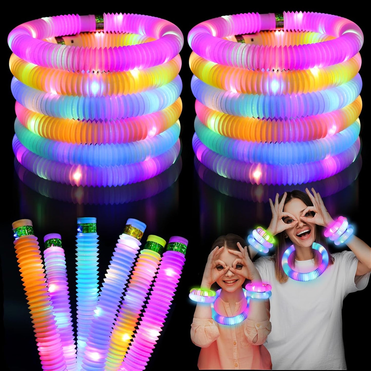 Light up Glow Sticks Fidget Pop Tubes, 24 Pack Glow in the Dark Party Supplies Toddler Sensory Toys, Glow Stick Thanksgiving Christmas Party Favors Party Pack Gifts for Kids