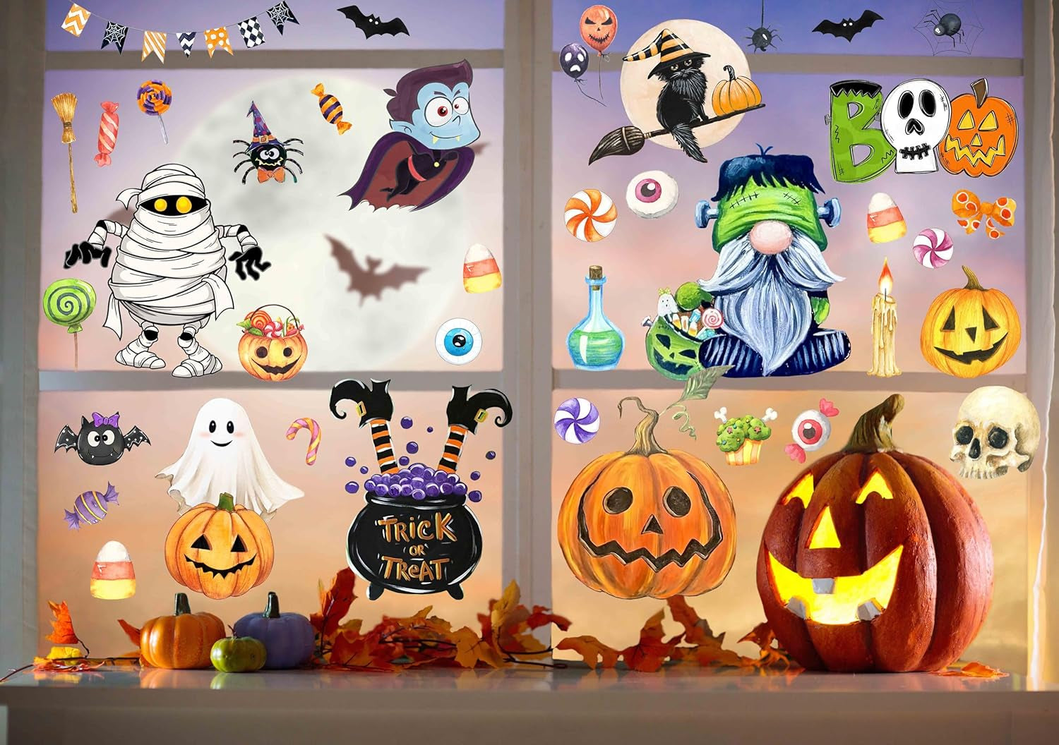 6 Sheets Halloween Window Clings Halloween Window Decorations Halloween Window Stickers Cute Oil Painting Window Decals for Halloween Home Indoor Wall Window Decor