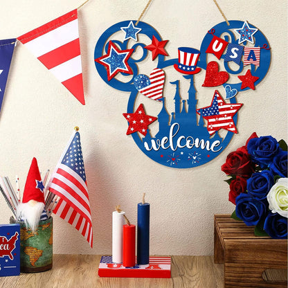 4Th of July Door Sign Mouse Shaped Decorations, Patriotic Stars USA Wooden Signs, American Flag Welcome Hollow Out Wood Hanging Sign for Front Door Decor, Independence Day Party Home Wall Decor