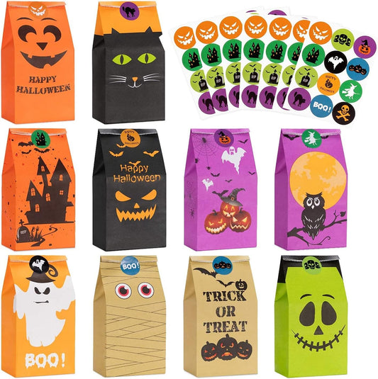 Halloween Treats Bags Party Favors 80 Pcs Kids Halloween Candy Bags for Trick or Treating + 84 Pcs Halloween Stickers, Mini Paper Gift Bags for Treats Snacks, Halloween Goodie Bags Party Supplies