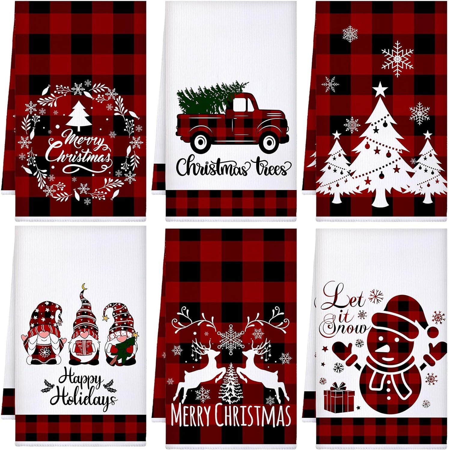 6 Pcs Christmas Kitchen Towels Buffalo Check Plaid Dish Towels Winter Truck Hand Towels Farmhouse Tea Towels Housewarming Gifts Christmas Decoration for Kitchen Holiday Xmas (Blue, Black)