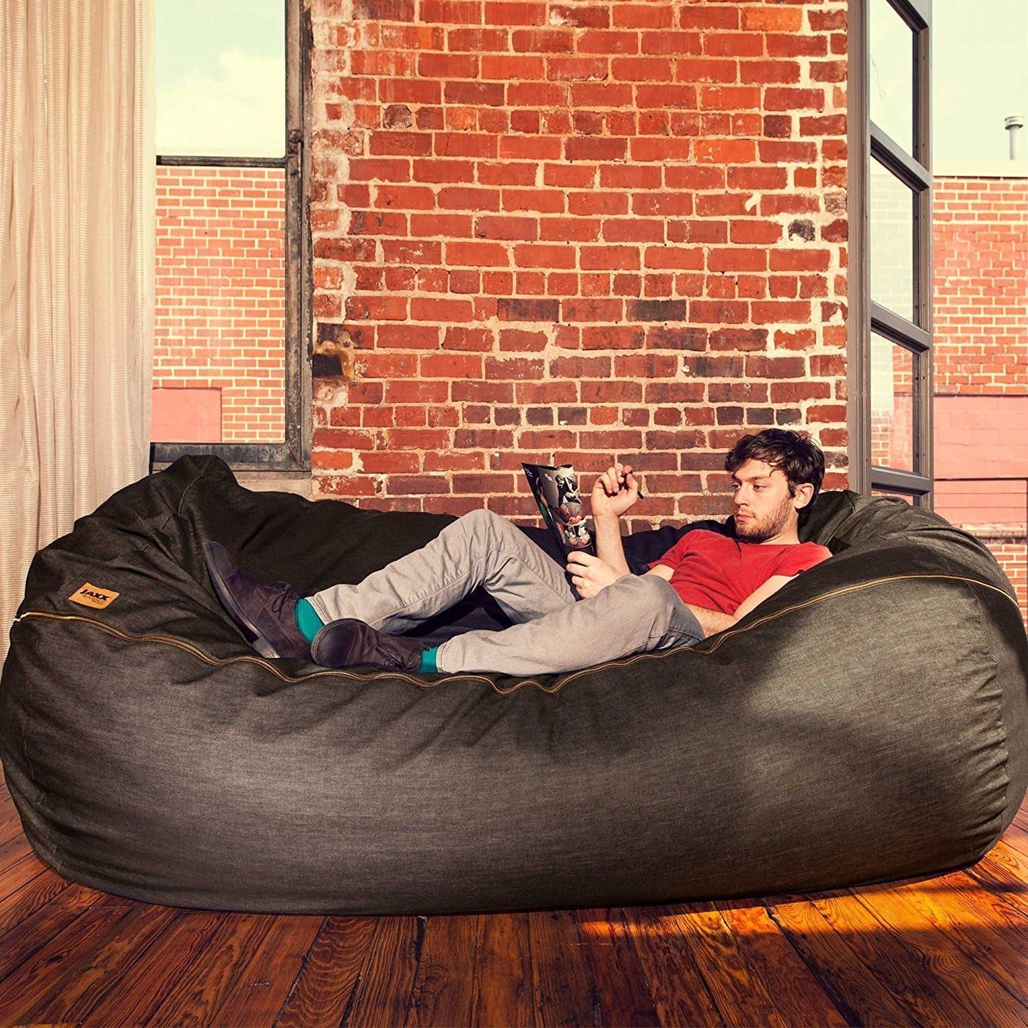 7 Ft Giant Bean Bag Sofa, Black Denim