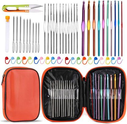 54 Pcs Crochet Needles Set, Crochet Hooks Kit with Storage Case, Ergonomic Knitting Needles Blunt Needles Stitch Marker DIY Hand Knitting Craft Art Tools for Beginners