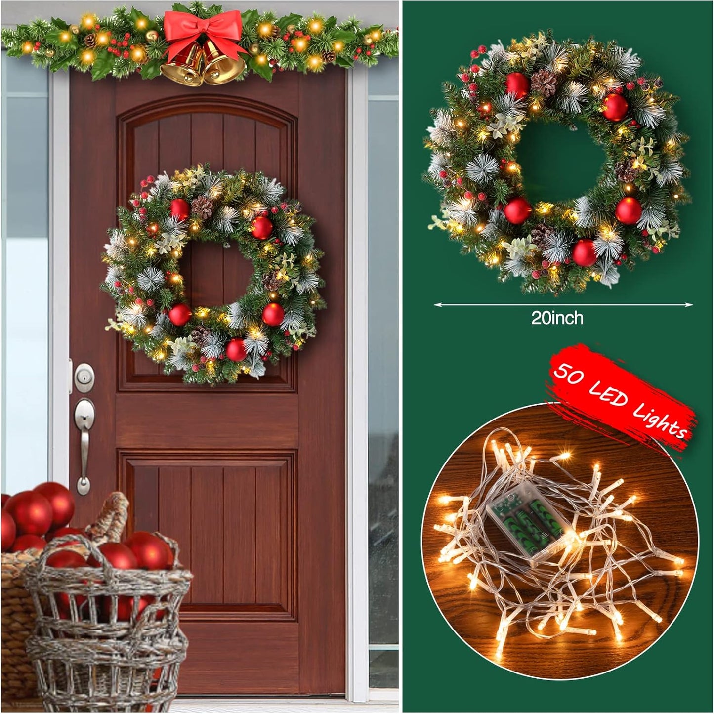 Pre-Lit Christmas Wreath with Lights Artificial Christmas Wreath Decorated with Pine Cones Berry Clusters Frosted Branches Ball Ornaments Christmas Decorations for Window Indoor & Outdoor (20 In)