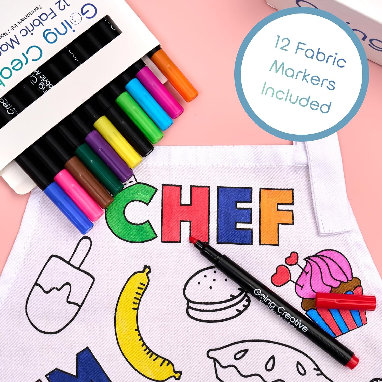 Color-An-Apron Kit - Interactive Coloring Kit with Favorite Foods & Words plus 12 Fabric Markers for Kids - Fun & Educational Craft for Young Chefs 4-10 Years Old