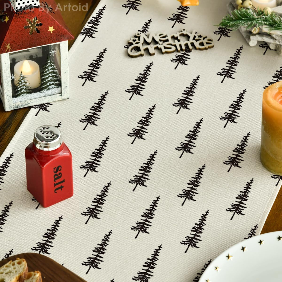 Black Xmas Tree Christmas Table Runner, Seasonal Winter Kitchen Dining Table Decoration for Home Party Decor 13X72 Inch